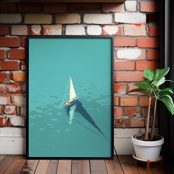 Minimalist Sailboat Turquoise Ocean Aerial View Serene Coastal Poster