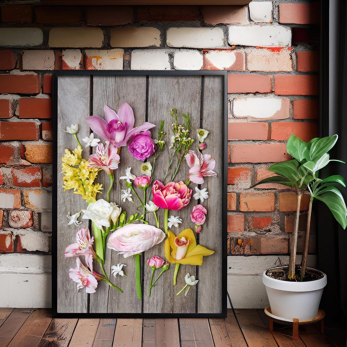 Rustic Floral Flatlay Orchids Tulips Wooden Board Art Poster
