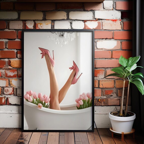 Pink High Heels Bathtub Tulips Glamorous Fashion Wall Poster