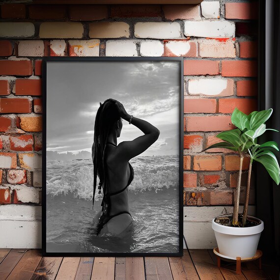 Black and White Woman Ocean Waves Silhouette Beach Wall Poster