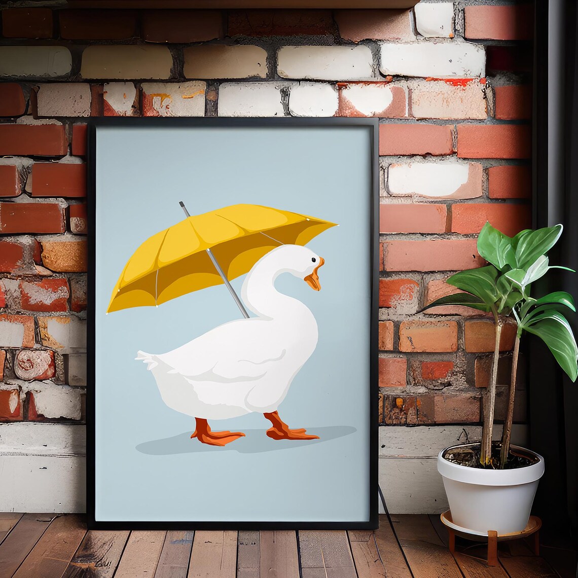 White Goose Holding Yellow Umbrella Whimsical Cute Animal Art Poster