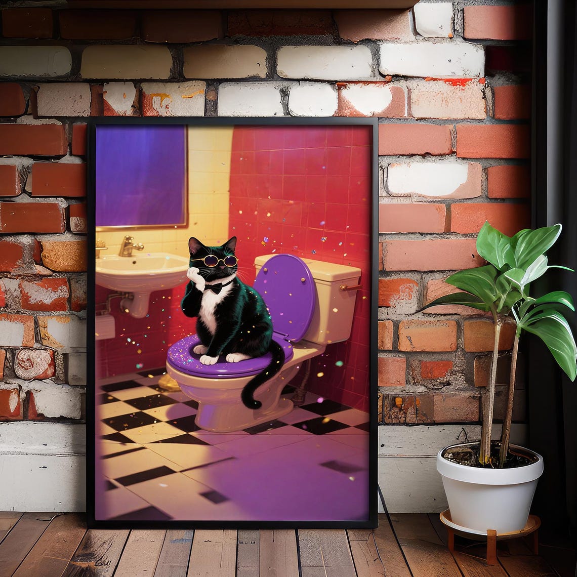 Dapper Tuxedo Cat Sitting On Purple Toilet Funny Bathroom Wall Art