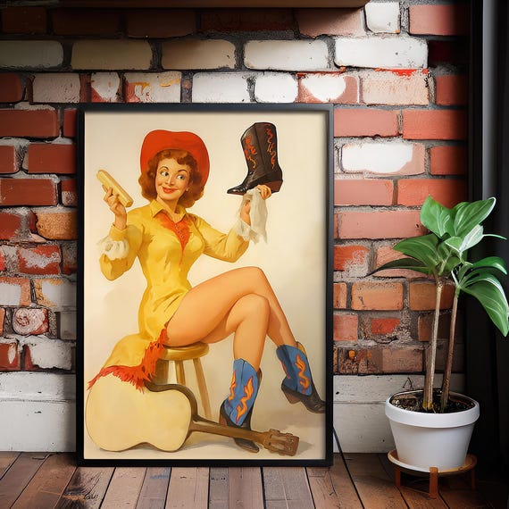 Retro Cowgirl Pin Up Canvas Art Western Boot Decor
