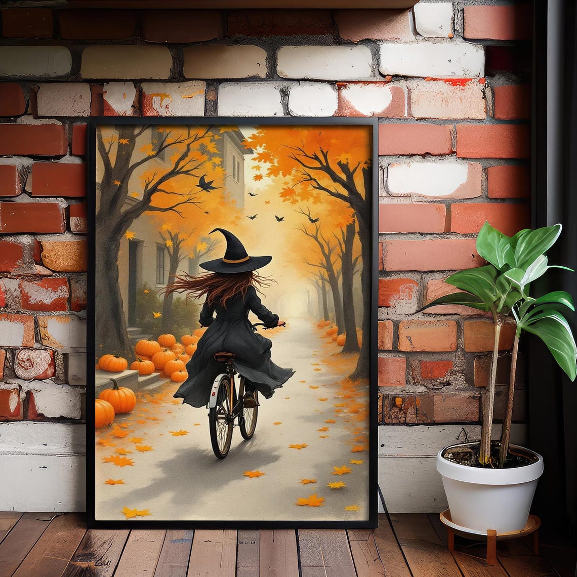 Witch Riding Bicycle Autumn Pumpkins Street Halloween Poster