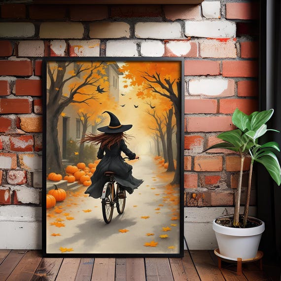 Vintage Halloween Witch Bicycle Print Spooky Autumn Wall Art