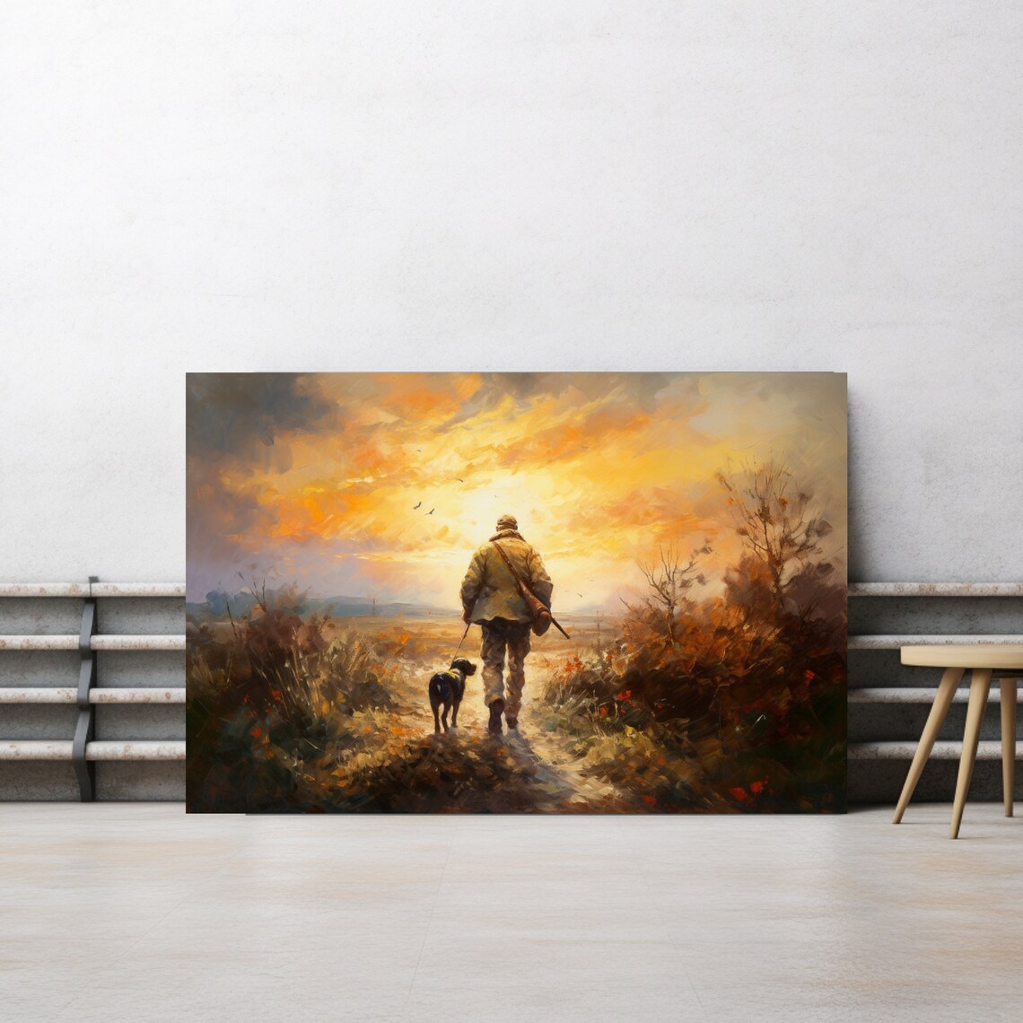 Hunter With Dog Walking Into Golden Sunset Field Hunting Art Wall Poster - Image 3