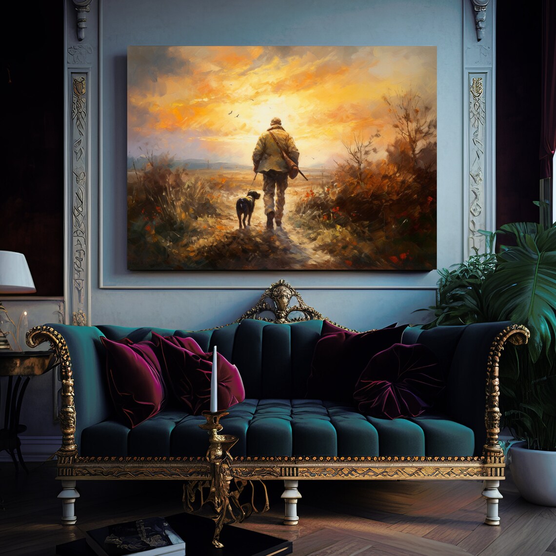 Hunter With Dog Walking Into Golden Sunset Field Hunting Art Wall Poster - Image 2