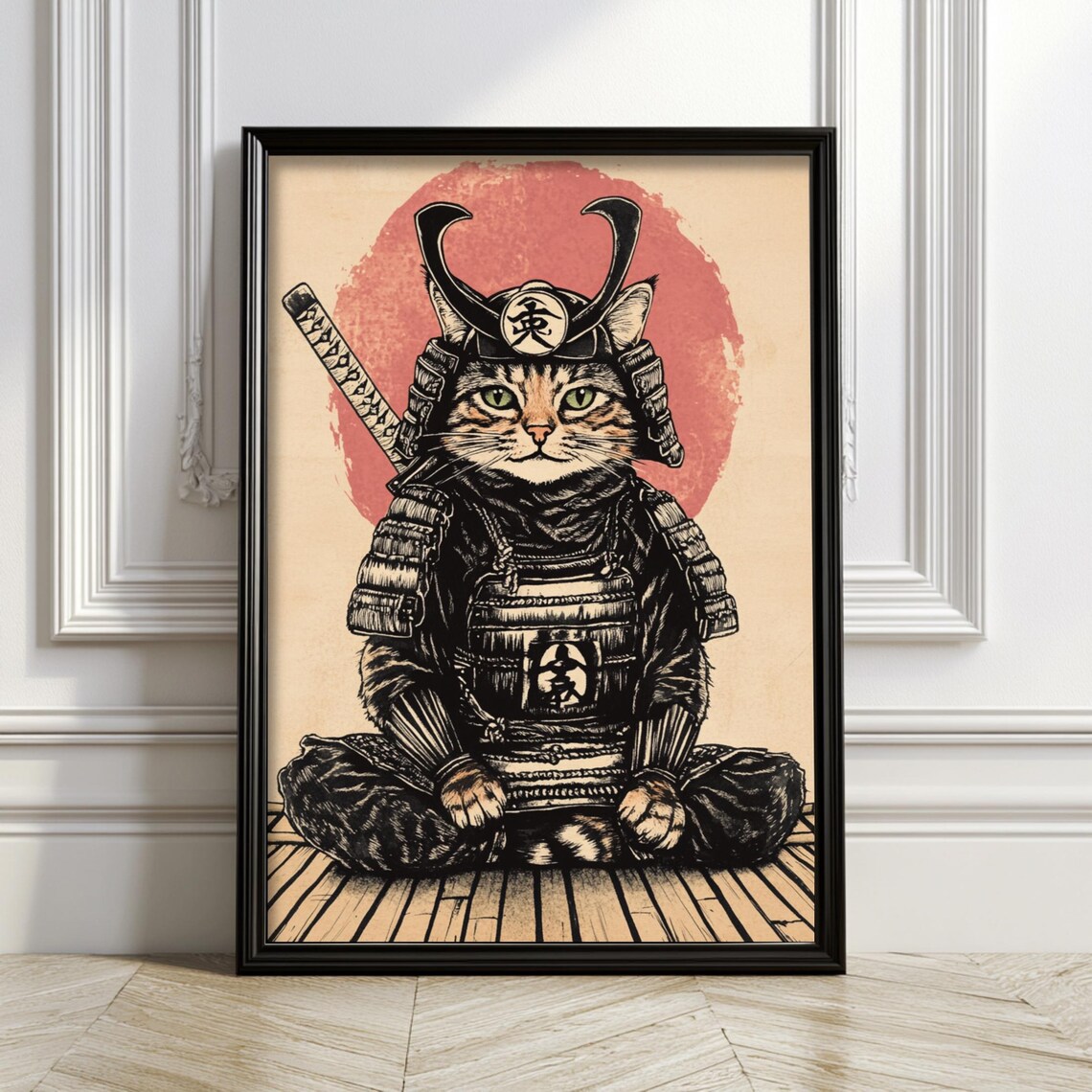 Samurai Cat, Vintage Style Anime Art Print
