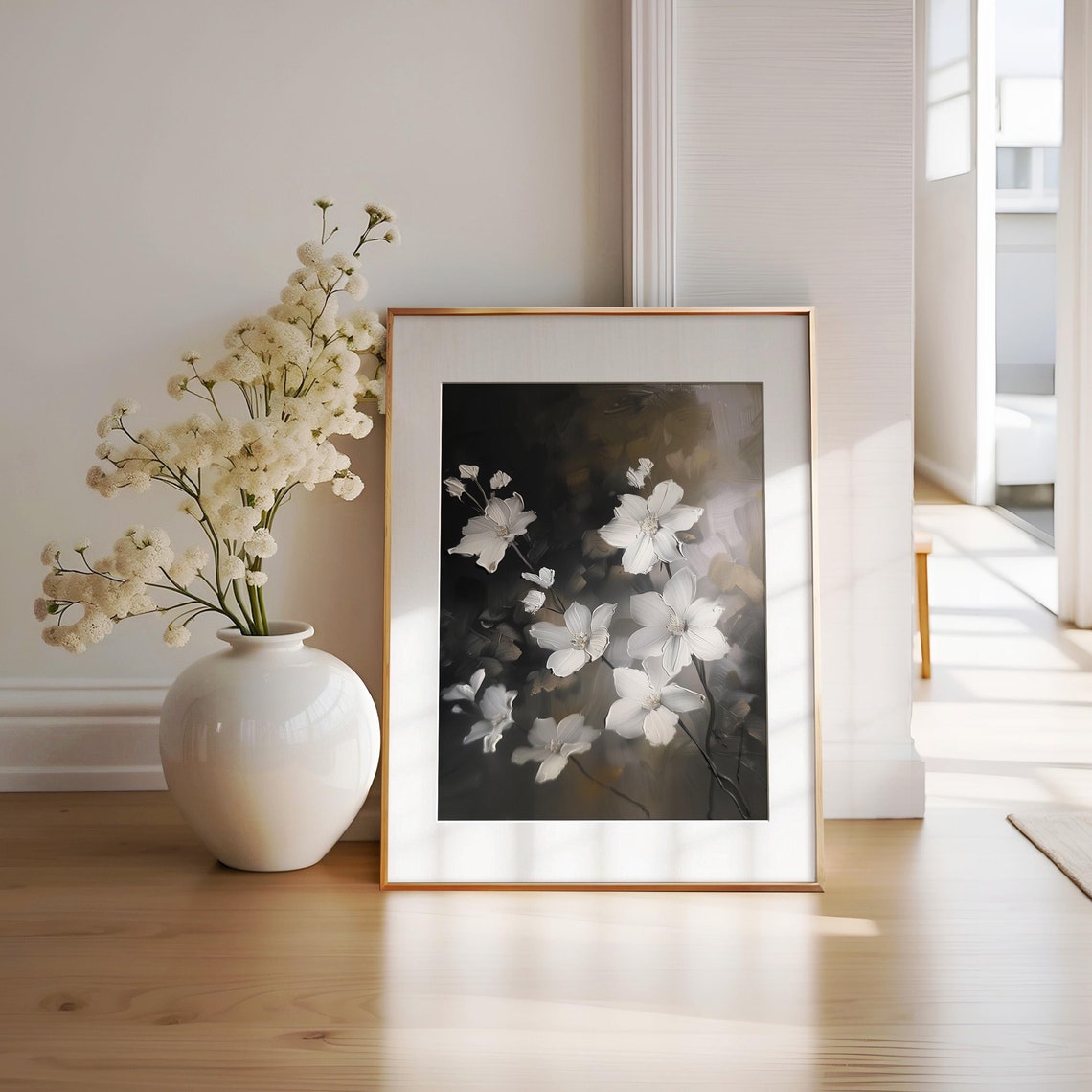 White Blossoms On Black Background Dramatic Floral Oil Painting Print