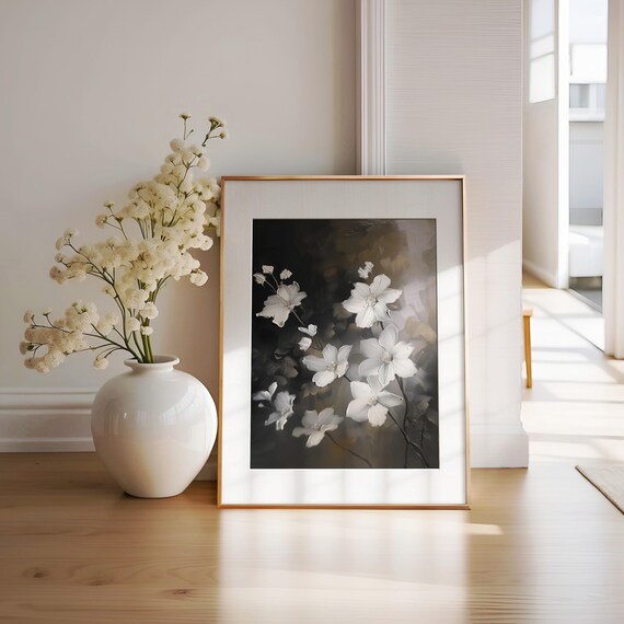 Abstract Moody Flower Wall Art Dark Floral Painting Dark Gray Beige Print Monochrome Floral Print Farmhouse Wall Decor