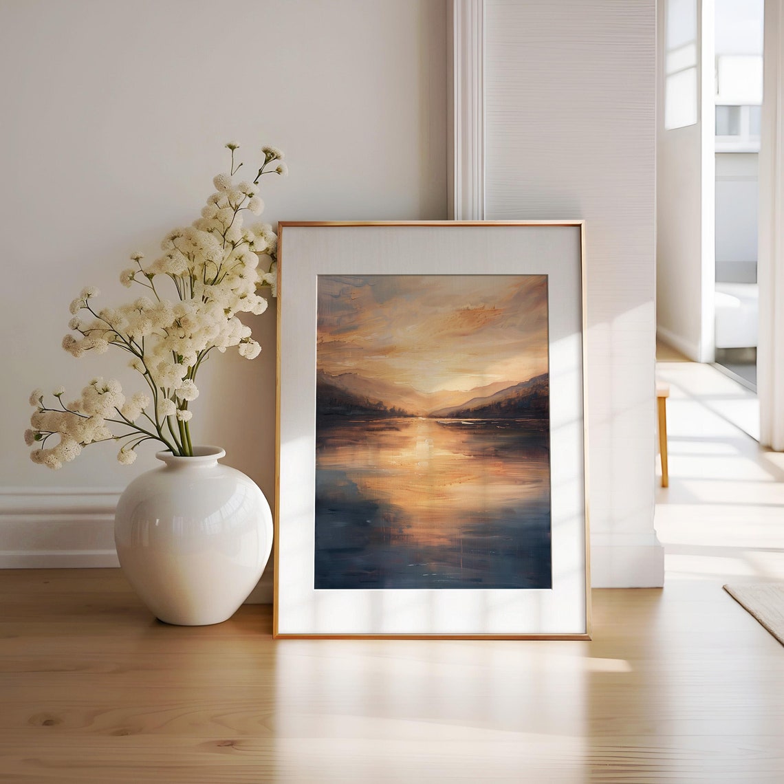 Golden Sunset Lake Abstract Mountain Reflections Oil Painting Poster