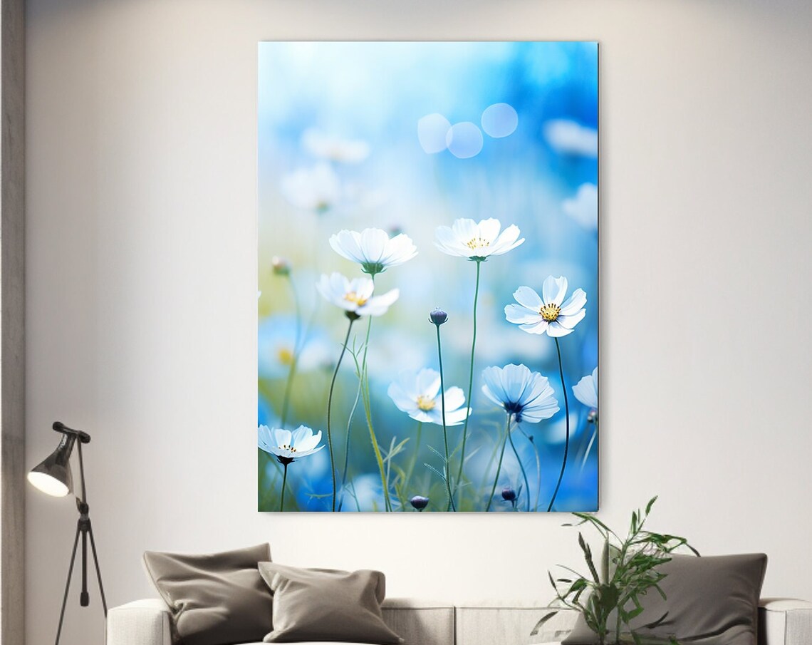 Blue Flowers Meadow, Black and White Art Print