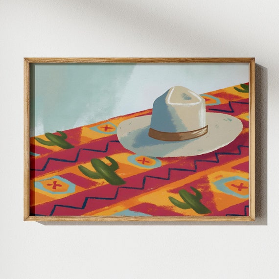 Cowboy Hat On The Colorful Rug Print Southwestern Room Decor Neutral Western Home Art Painting Cowboy Hat Poster Western Art