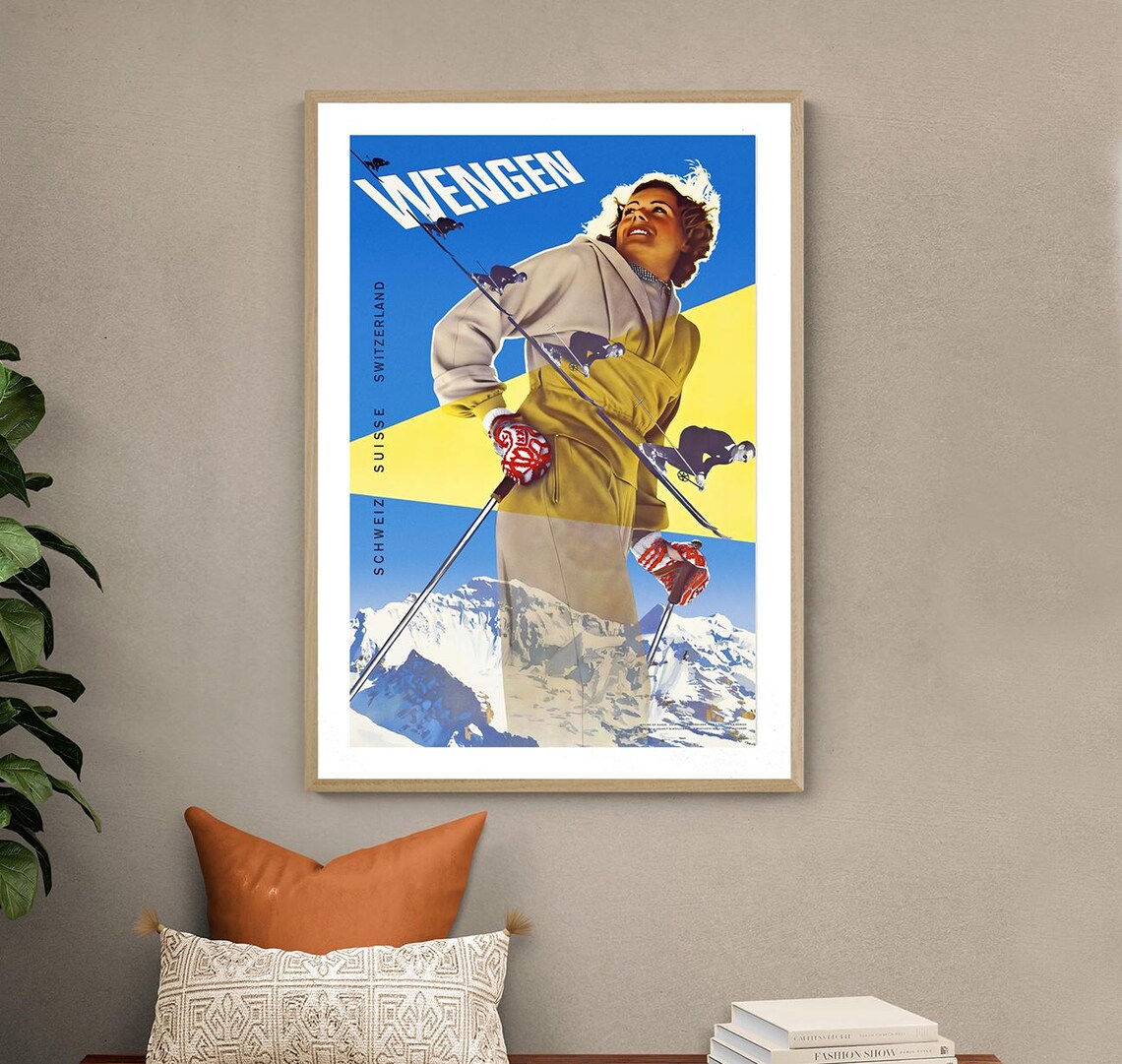 Wengen Switzerland Classic Woman Skier Vintage Alpine Ski Poster - Image 2