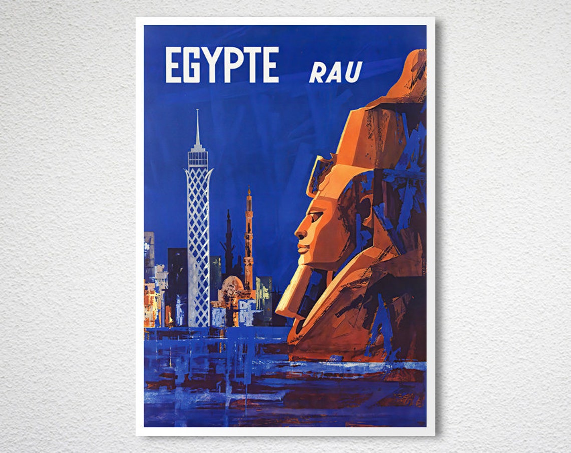 Egypte RAU Vintage Egypt Travel Cairo Tower Pharaoh Night Poster - Image 2