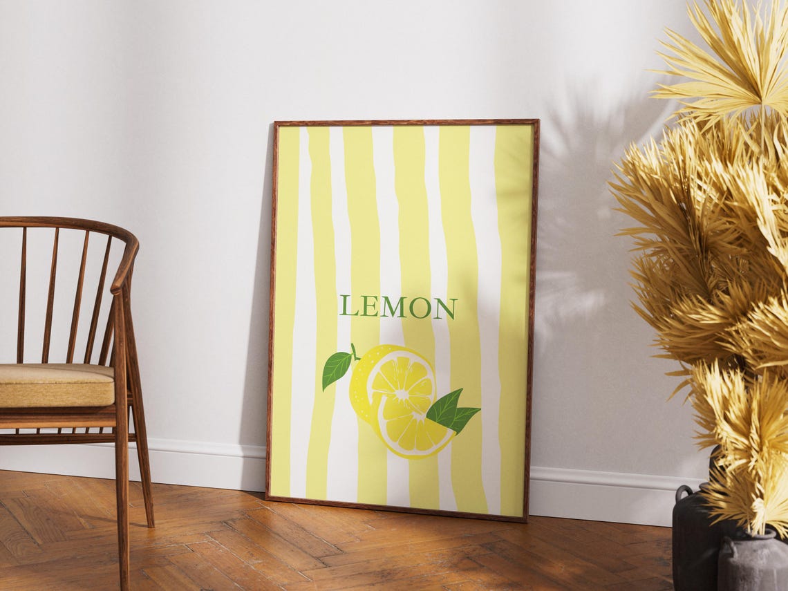 Lemons Wall Art Print Lemon And Stripes Modern Wall Art Kitchen Wall Decor Trendy Cute Minimalist Lemon Print Fruit Poster