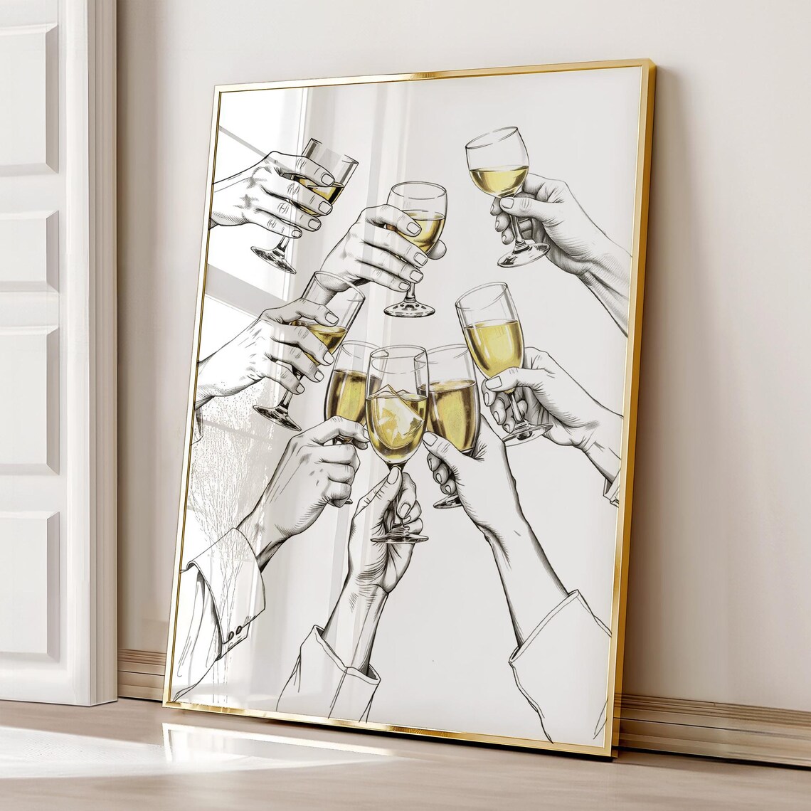 Cheers Wine Glasses Toast Bar Cart Line Art Kitchen Decor Poster