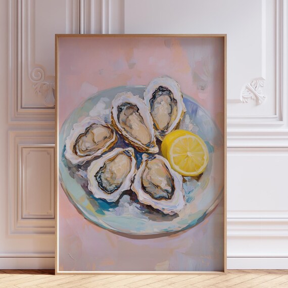 Oysters with Lemon on Plate Coastal Kitchen Art Decor Poster
