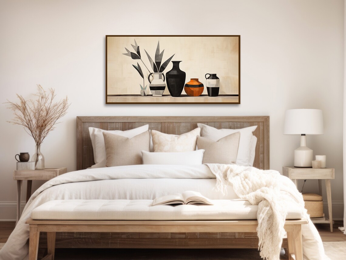 Minimal Desert Pottery Still Life Painting Beige Black Vases Wall Poster - Image 2