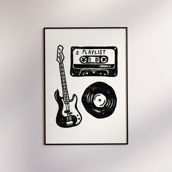 Retro Music Icons Guitar Cassette Playlist Vinyl Record Black White Art Poster