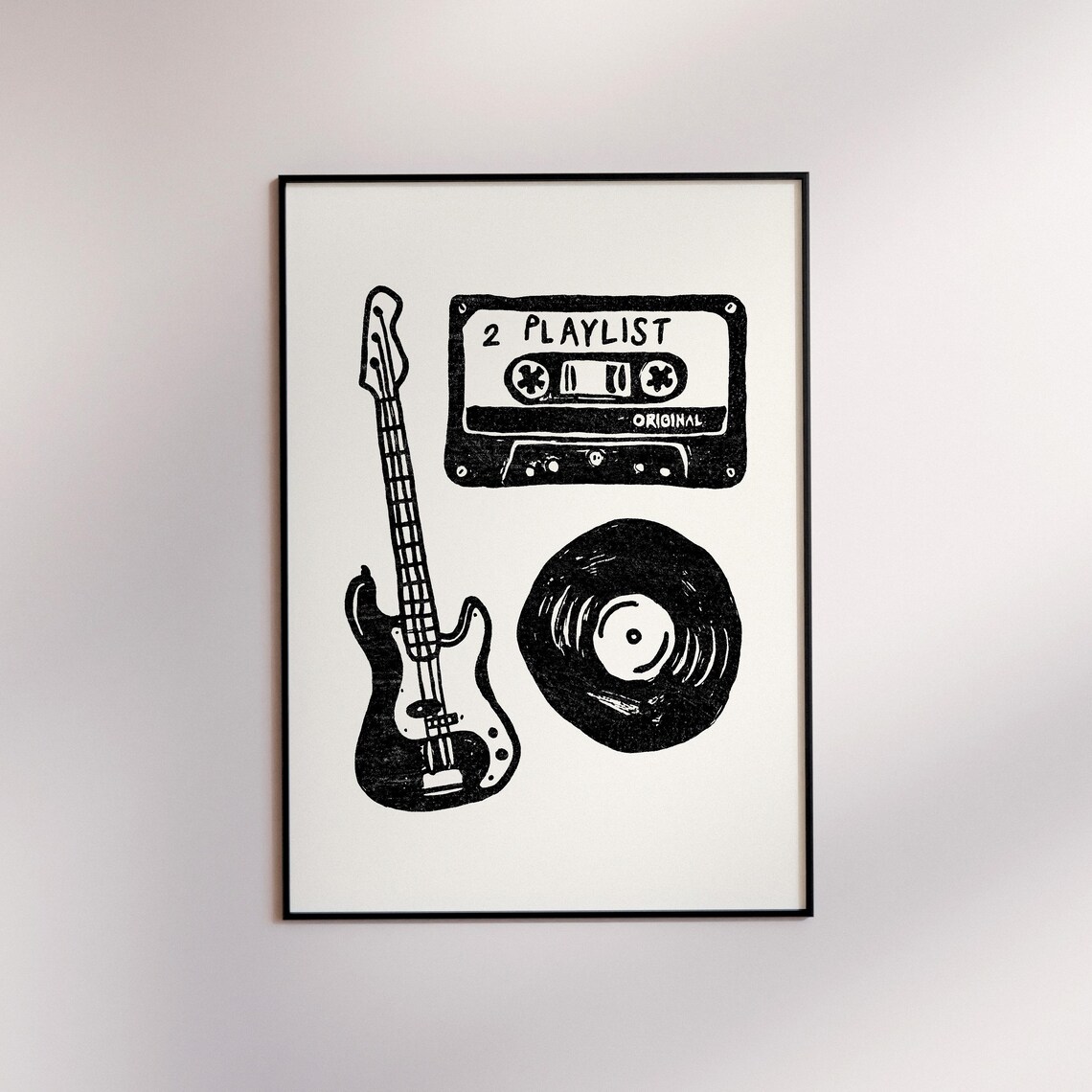 Retro Music Icons Guitar Cassette Playlist Vinyl Record Black White Art Poster