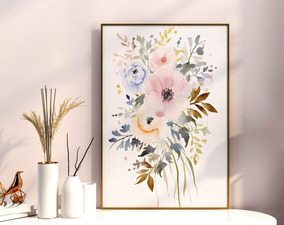 Pastel Wildflower Bouquet Watercolor Soft Romantic Floral Art Poster