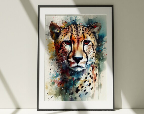 Cheetah Face Front View Watercolor Wildlife Big Cat Art Poster