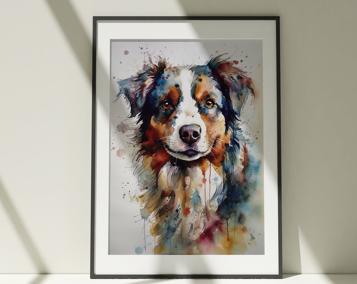 Australian Shepherd Watercolor Dog Portrait Colorful Pet Art Poster