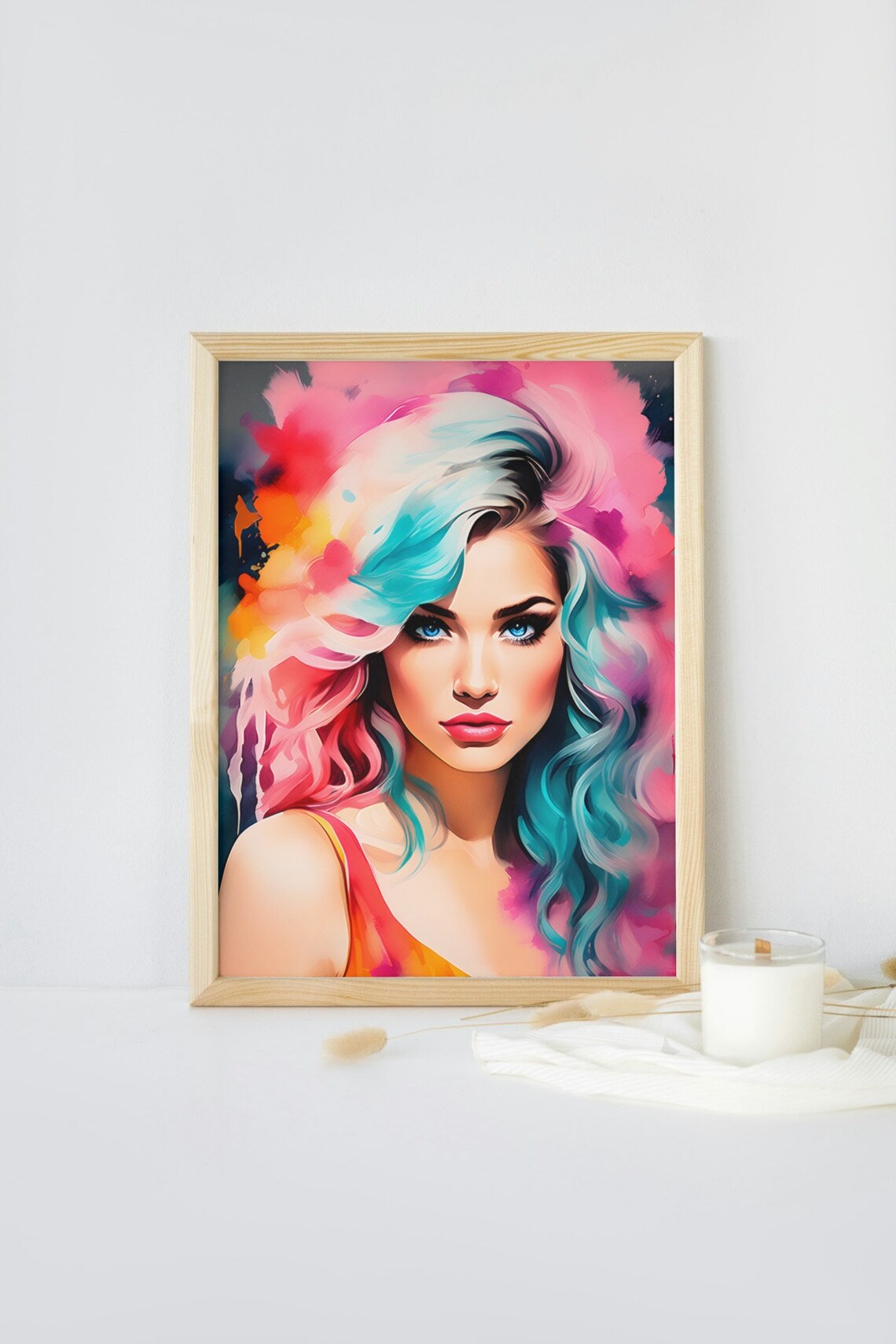 Colorful Woman Portrait Watercolor Pink Teal Hair Fashion Art Poster