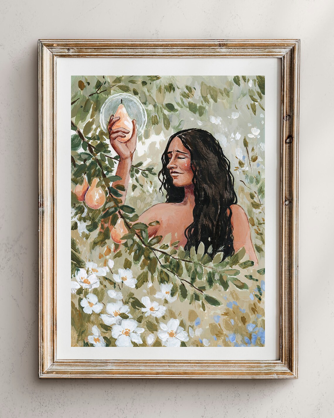 Mother Eve in the Garden Holding a Pear Blossom Watercolor Art Poster - Image 2