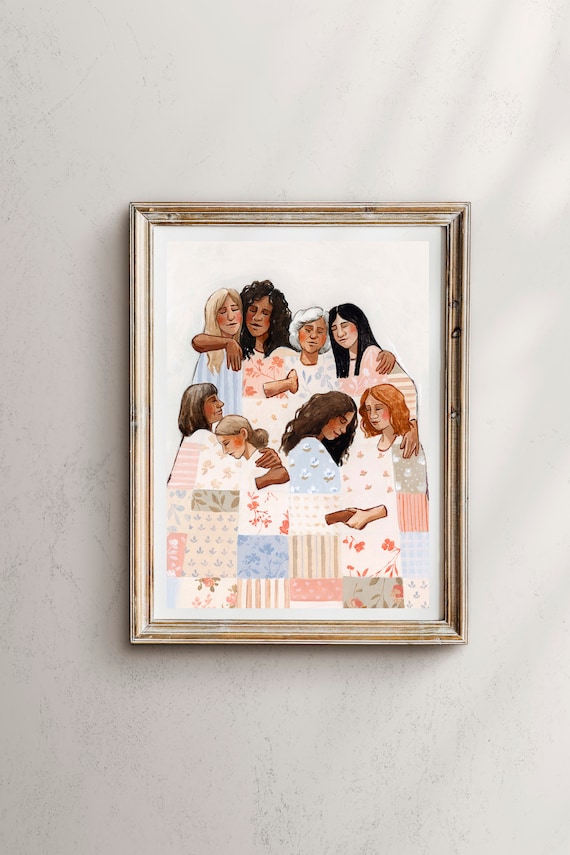 Sisterhood Circle of Women Embracing Patchwork Quilt Art Poster