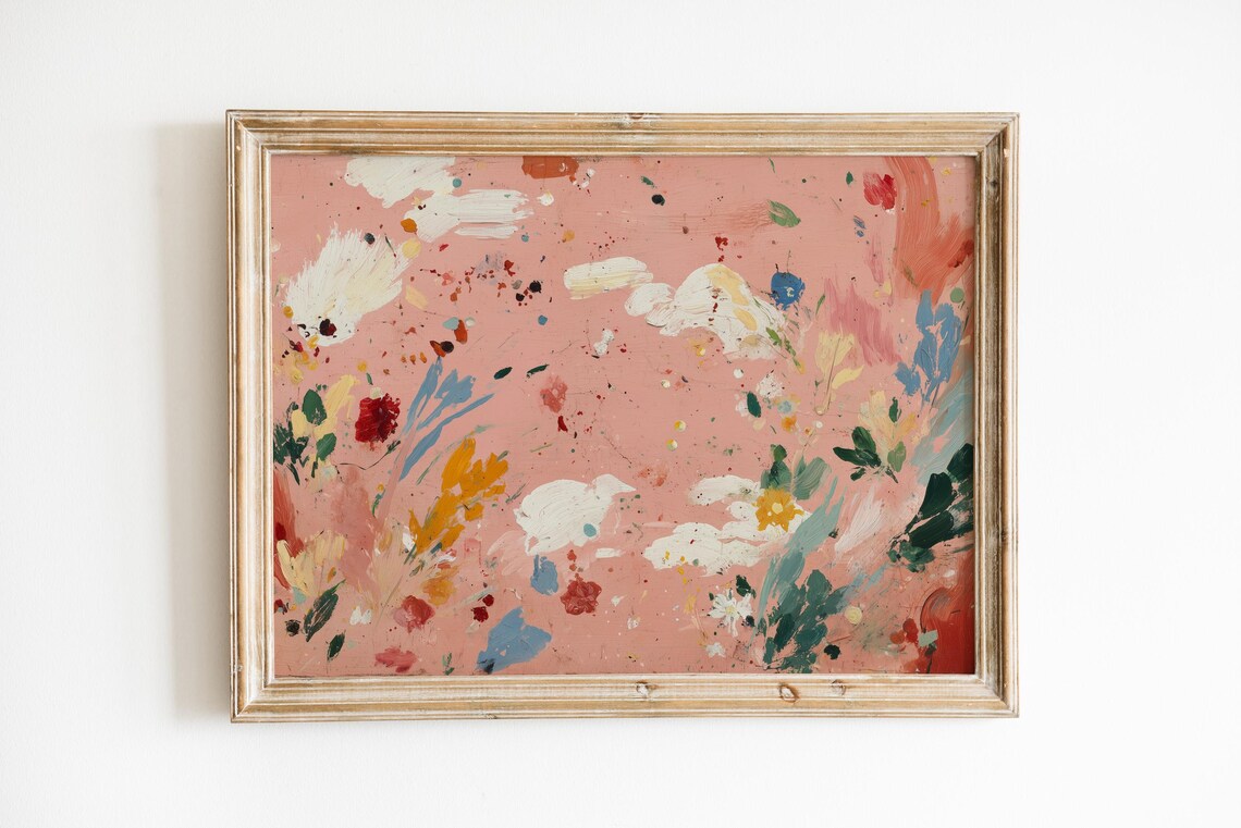 Abstract Floral Garden Expressive Pink Brushstroke Painting Wall Art