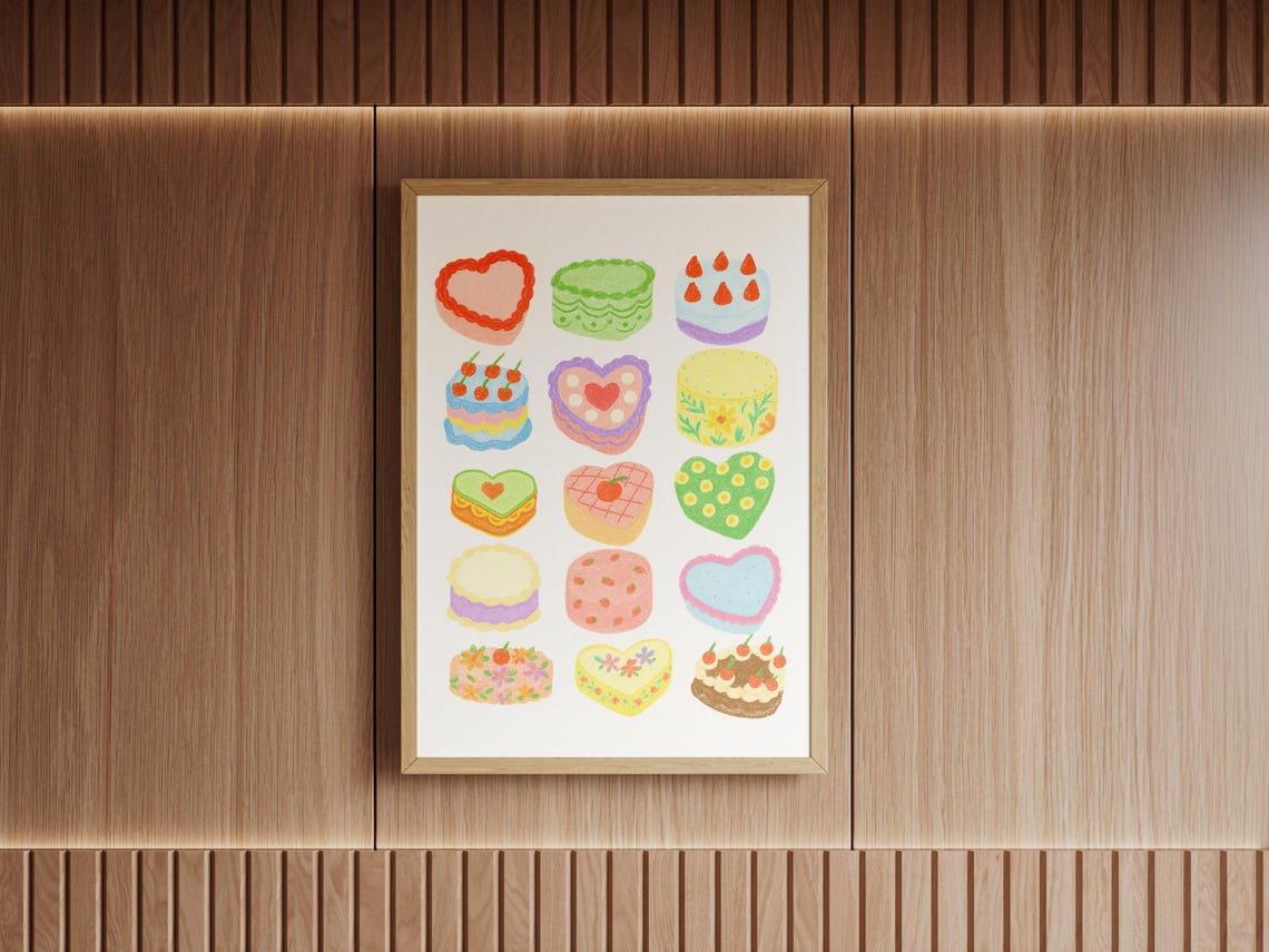 Cute Mini Cakes Heart Strawberry Kawaii Dessert Grid Art Poster