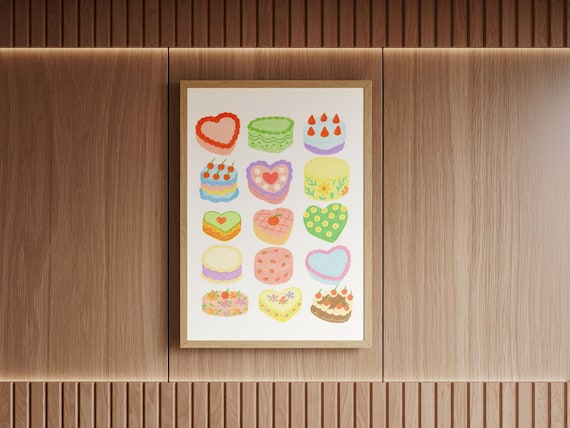Cute Mini Cakes Heart Strawberry Kawaii Dessert Grid Art Poster