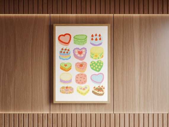 Whimsical Cake Print Colorful Vintage Dessert Poster Kawaii Kitchen Decor Jpg Files