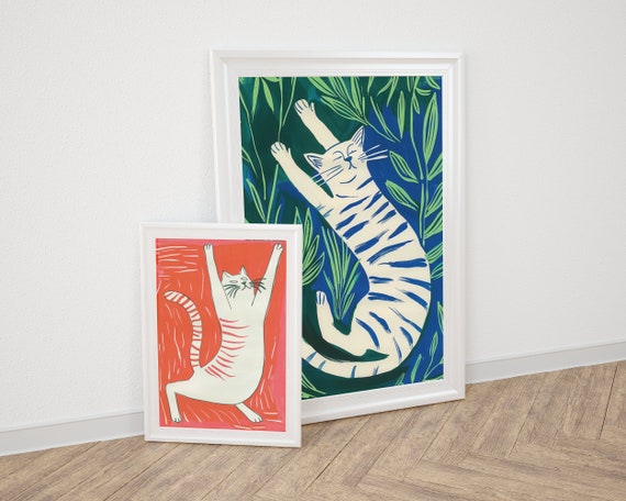 Blue Cat Art Print Poster Abstract Lover Eclectic Home Decor