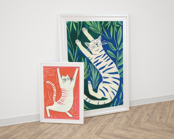 Whimsical Stretching Cats Coral Navy Pair Playful Feline Art Poster