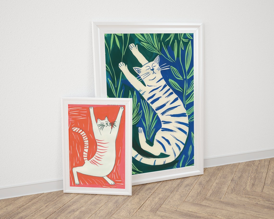 Whimsical Stretching Cats Coral Navy Pair Playful Feline Art Poster