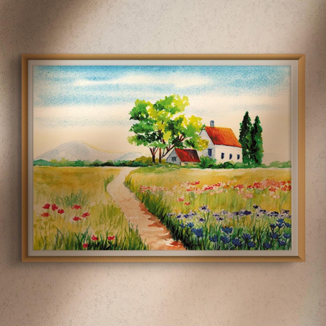 Country Farmhouse Wildflower Path Summer Watercolor Painting Print