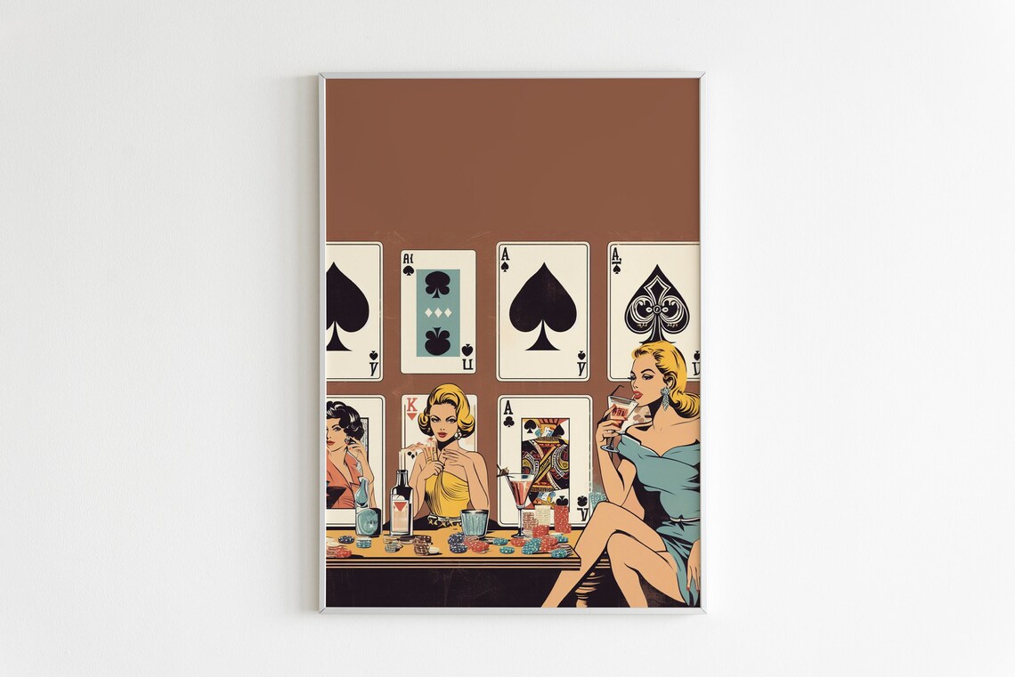 Women Poker Night Cards & Drinks Retro Art Print - Image 2