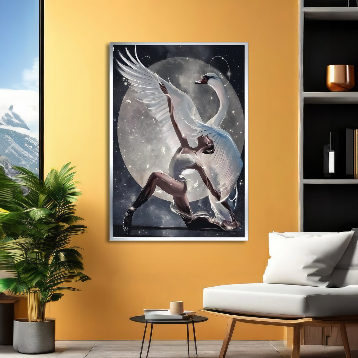 Ballerina with Swan Wings Fantasy Moonlight Dance Art Poster - Image 3