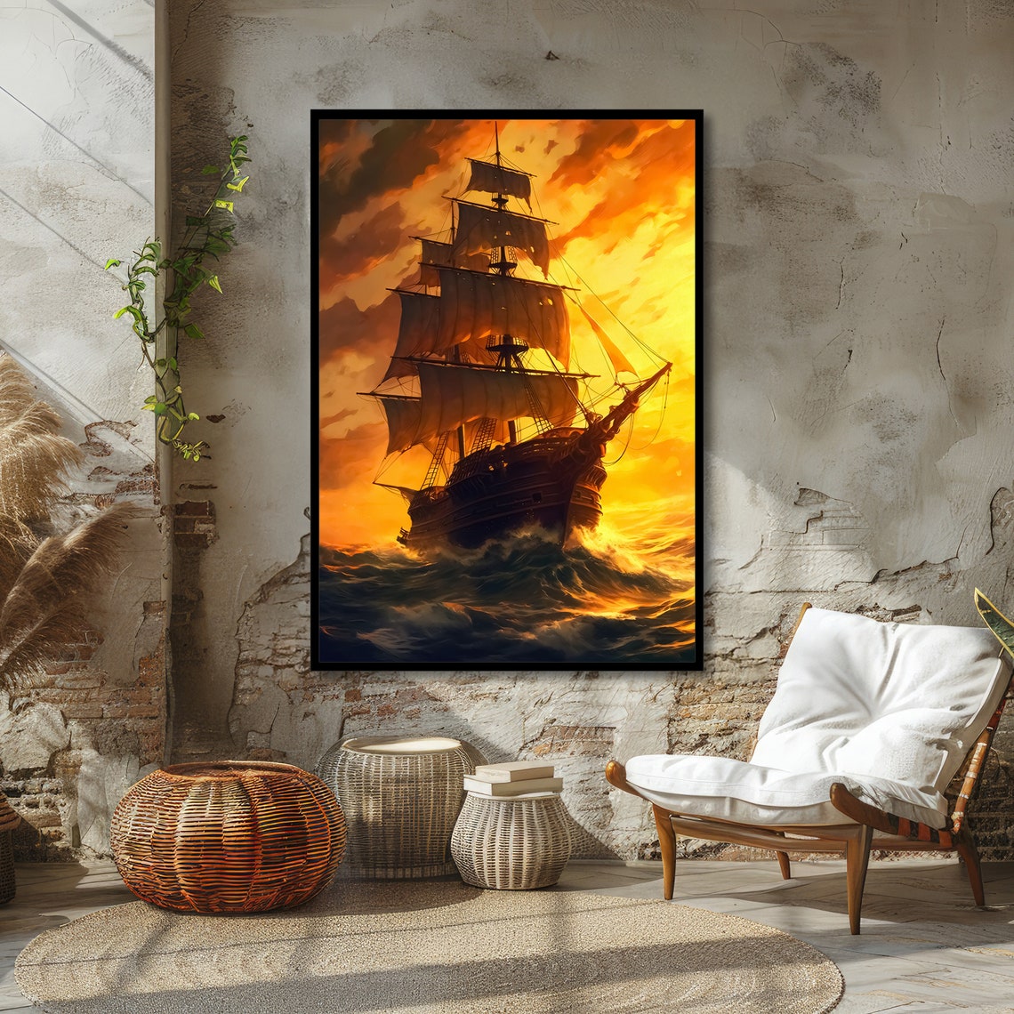 Tall Sailing Ship at a Fiery Sunset on a Dramatic Ocean Art Poster - Image 4