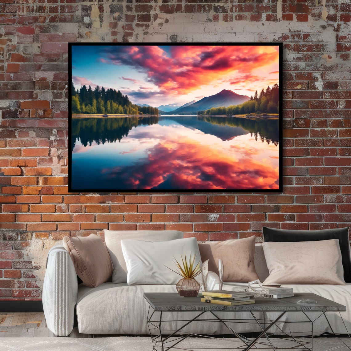 Sunset Lake Reflection Mountain Pinks Serene Landscape Poster - Image 4