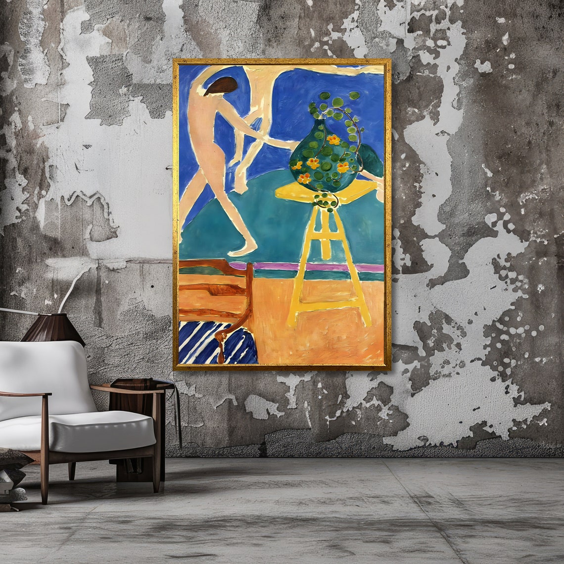 Matisse-Style Dancer and Flower Vase in Bold Blue Room Poster - Image 3