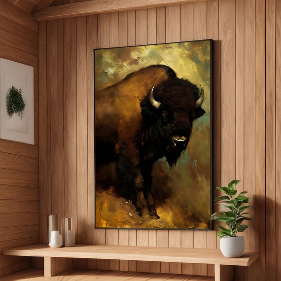 Majestic Bison Dark Portrait Golden Rustic Wildlife Painting Poster