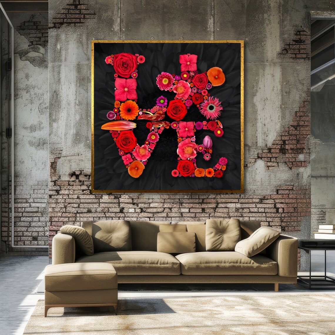 LOVE Word Formed Entirely From Red and Pink Blooms on Black Art Poster - Image 3