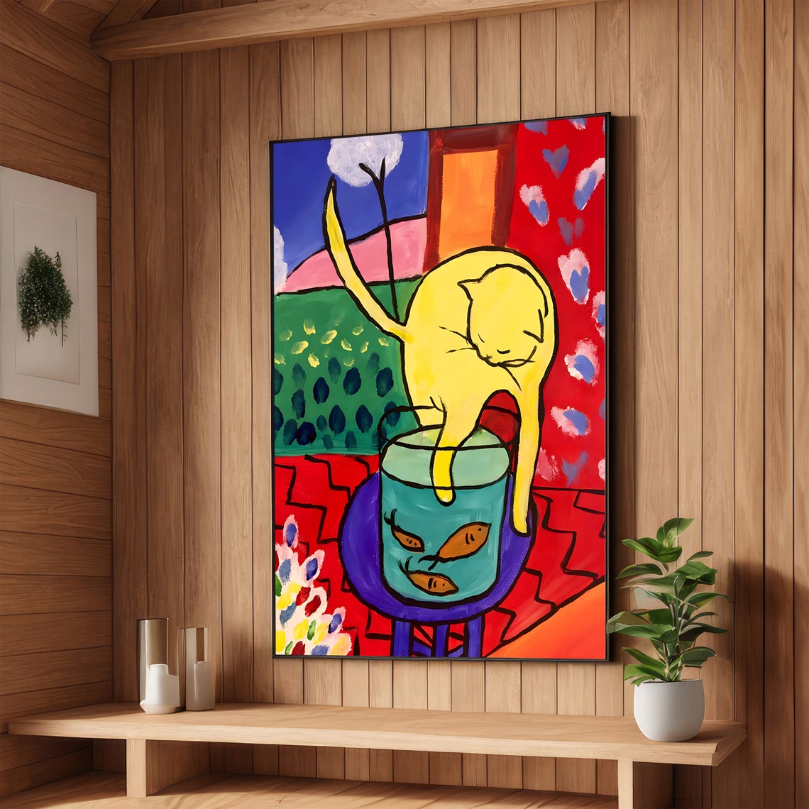 Playful Yellow Cat with Paw in Goldfish Bowl Whimsical Poster
