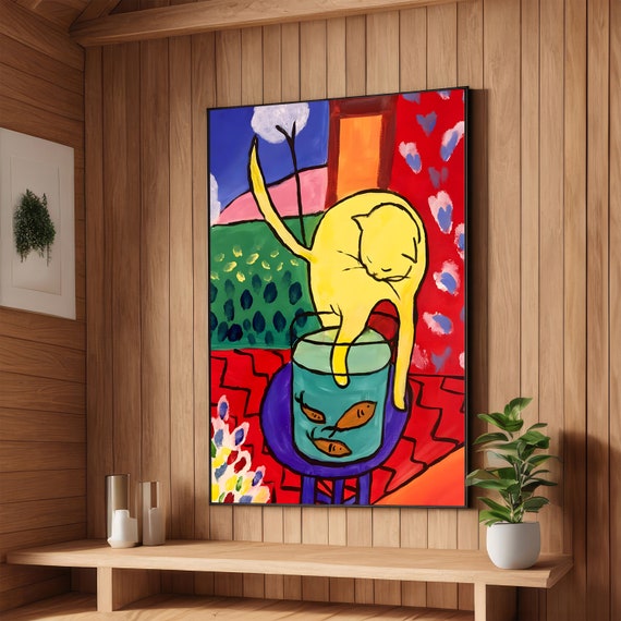 Playful Cat Matisse Inspired Art Bold Abstract Print Modern Wall Art Ready To Hang Decoration