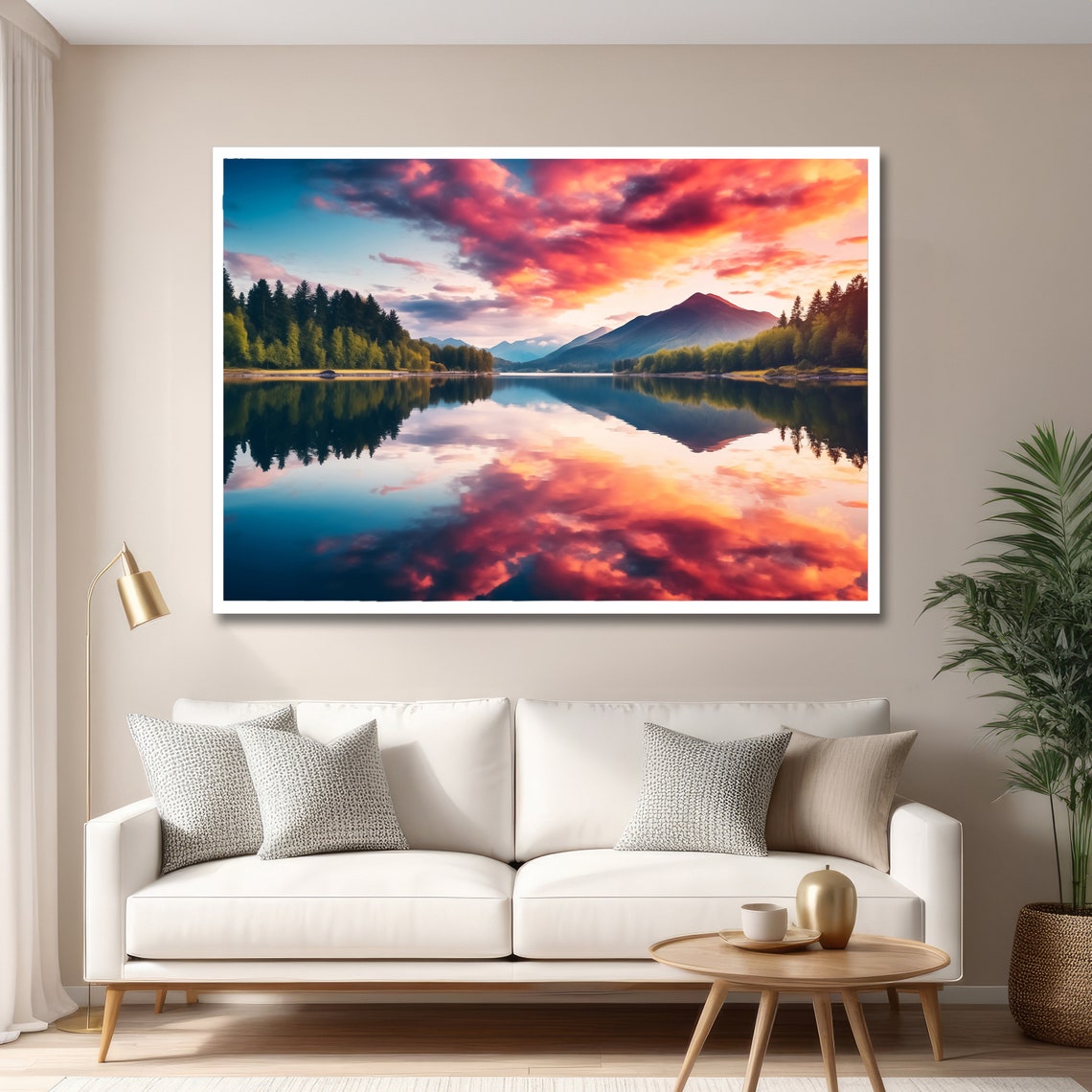Sunset Lake Reflection Mountain Pinks Serene Landscape Poster - Image 6