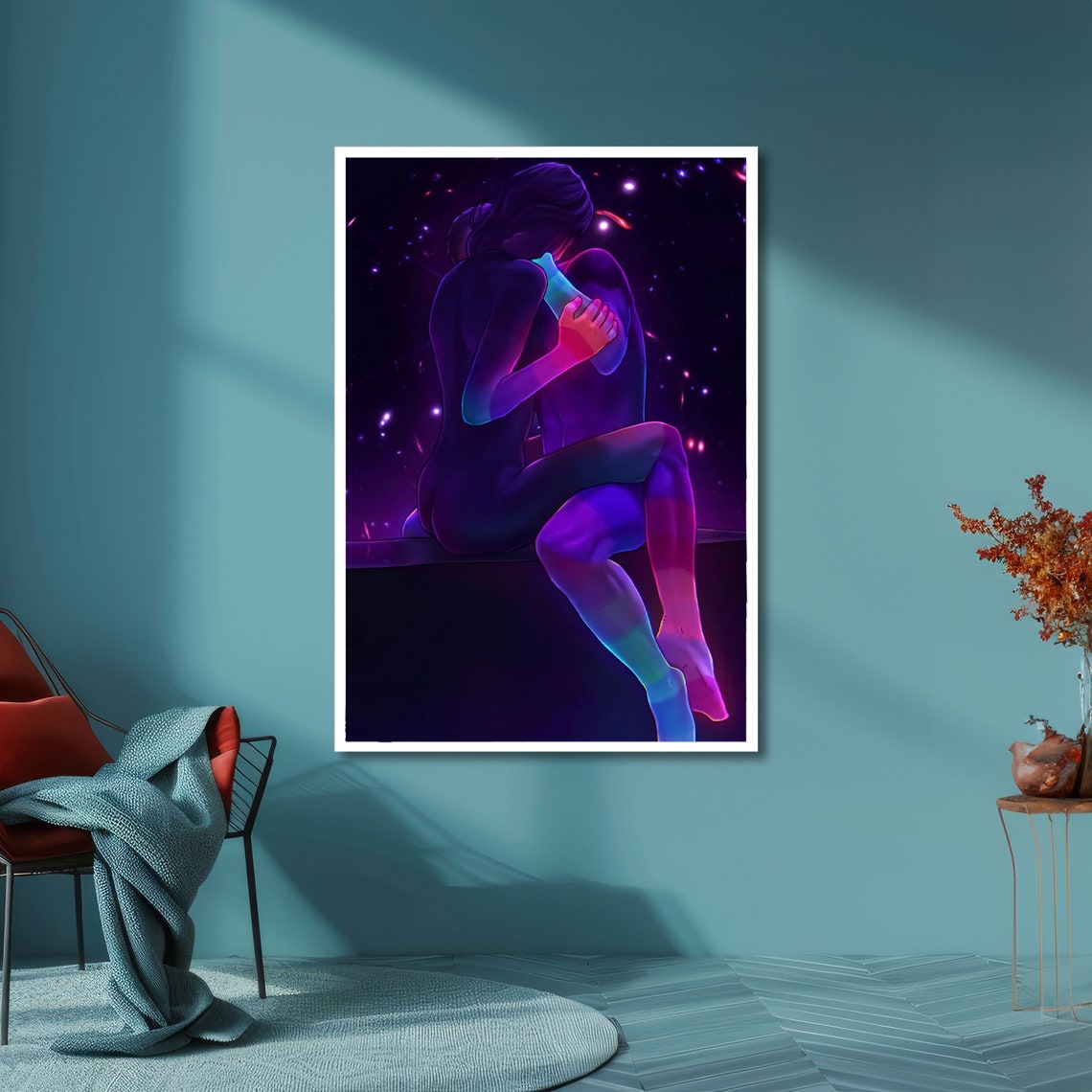 Neon Couple Embrace Under Starry Night Blue Purple Art Poster - Image 6